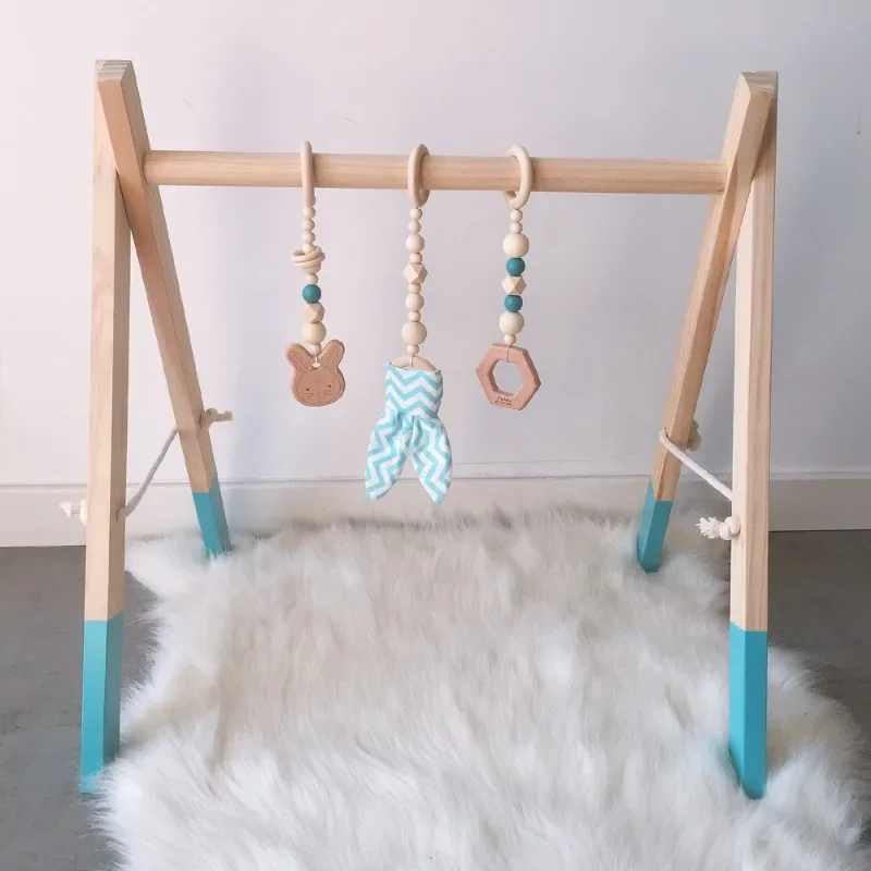 Foldable Wooden Baby Play GYM Frame Activity Mat Baby Gym With 3 Kid Teething Toys Baby Lounger