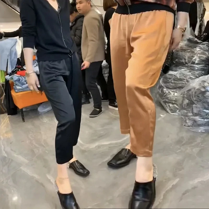 

Шелковистые ацетатные атласные брюки девять четвертей, облегающие брюки, свободные тонкие брюки из ледяного шелка, меди, имитация аммиачного шелка, комбинезон