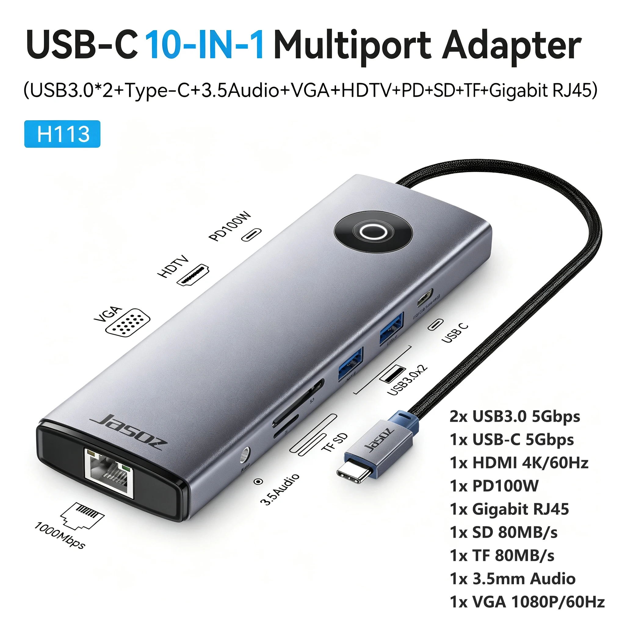 Jasoz USB HUB 10-in-1 Type-C naar 4K60Hz HDMI VGA SD/TF USB3.0 PD100W RJ45 1000Mbps voor Laptop Macbook USB Splitter Docking Station