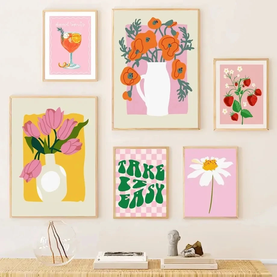 

Abstract Fresh Lemon Strawberry Fruit Canvas Prints Daisy Vase Landscape Wall Art Poster for Living Room Bedroom & Home Decor