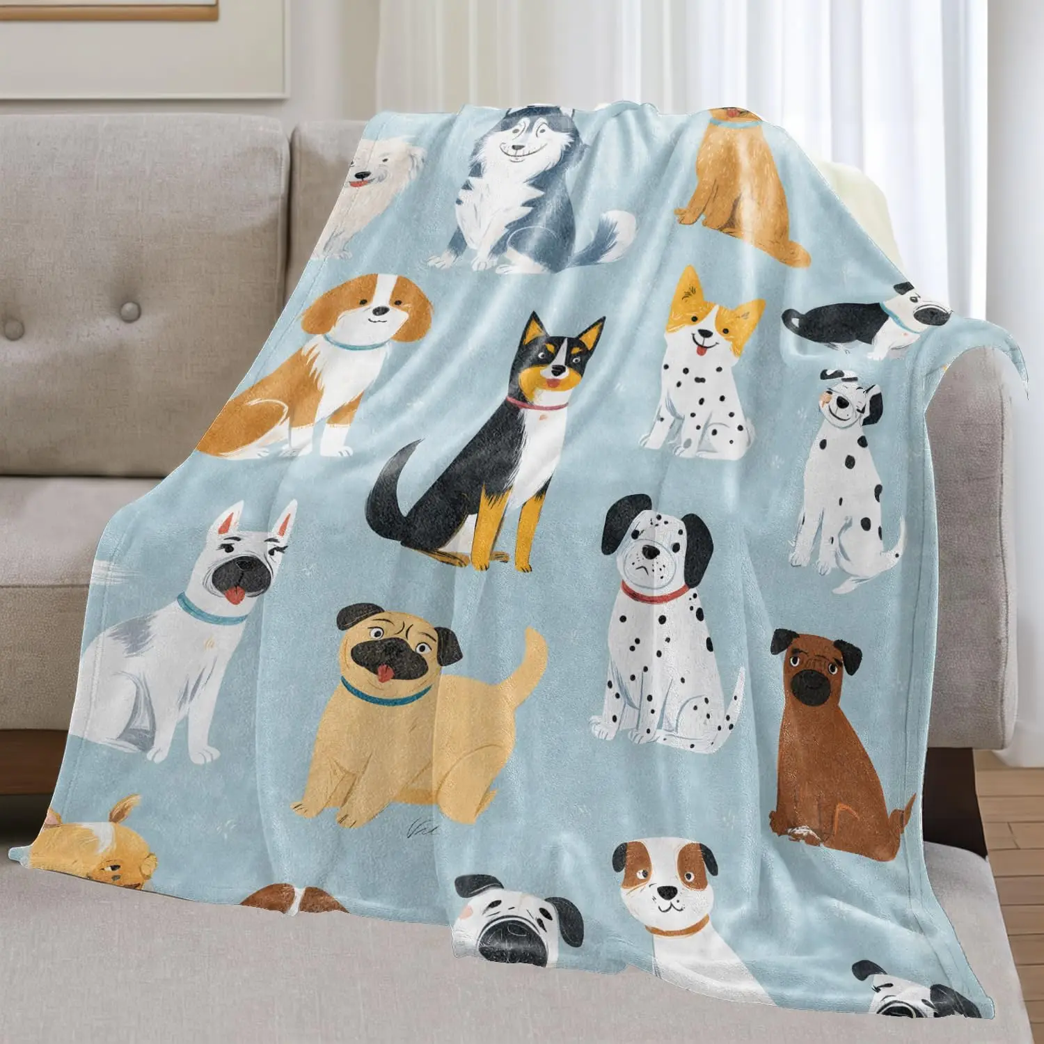 Colorful Dog Flannel Blanket Gifts for Pet Lover,Adorable Cartoon Puppy Pattern Throw Blankets with Light Blue Background