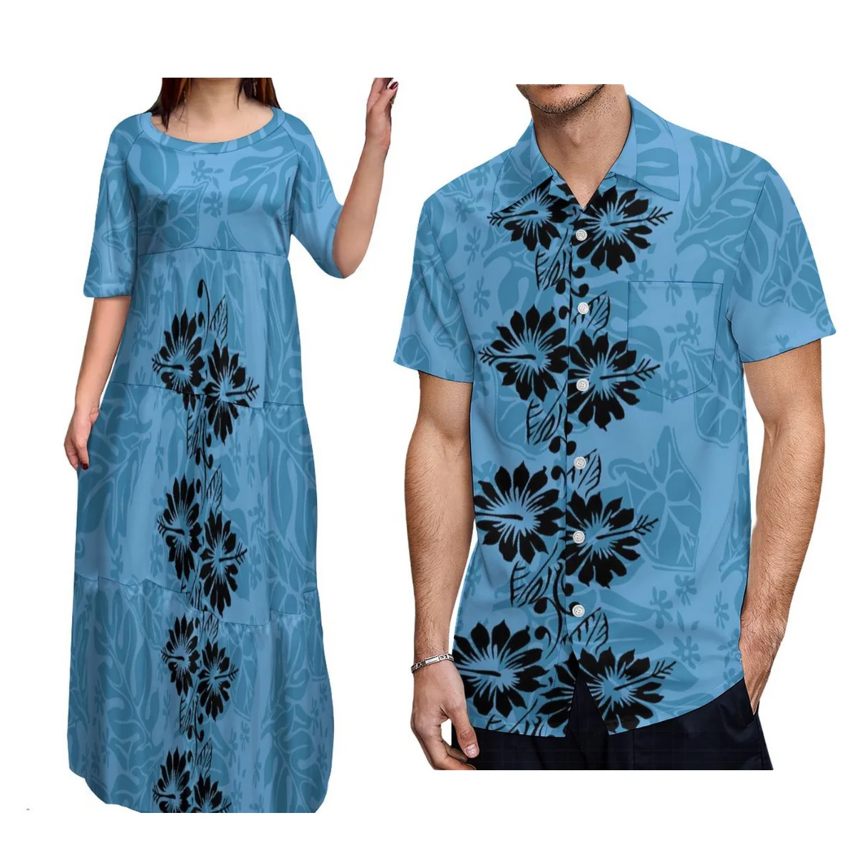 

Stylish Couple Suits Samoan Women'S Half-Sleeved Tiered Pleated Dress And Men'S Short-Sleeved Shirt Polynesian Island Design