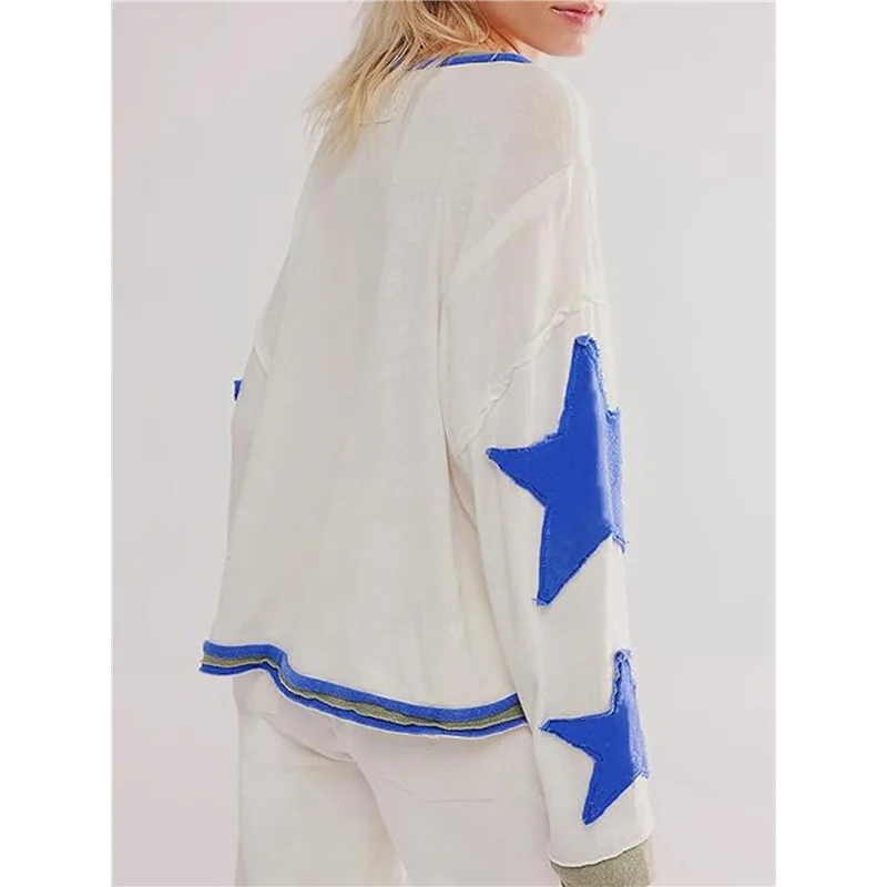 ASDS-Women Oversized Cotton Long Sleeve Shirts Tops Star Crewneck Pullover Y2K Fall Winter Grunge Clothes