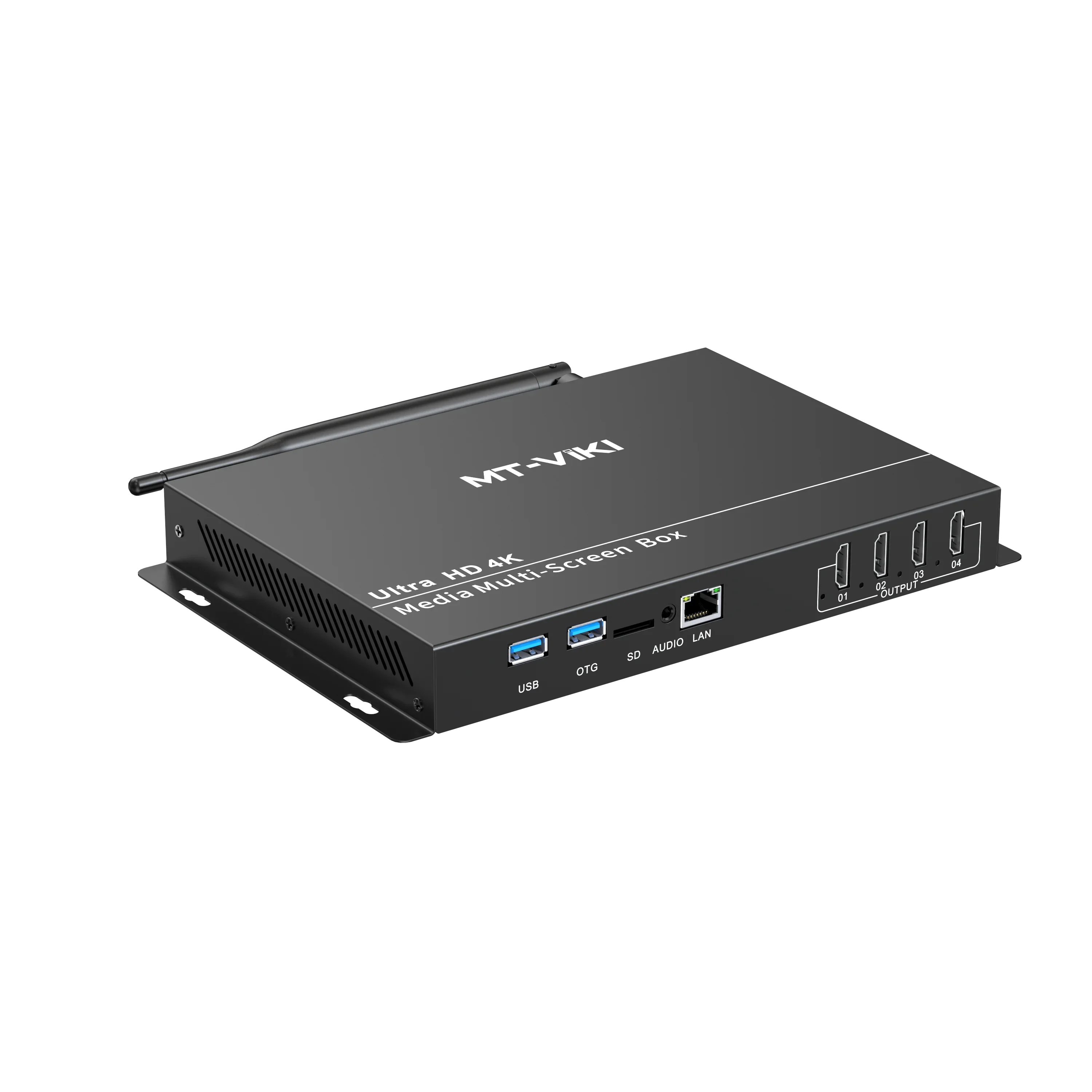 

In stock MT-VIKI 4 Port Ultra HD 4K Media Multi-Screen Box, 4 Port Android Multimedia Information Publishing Splicing Box