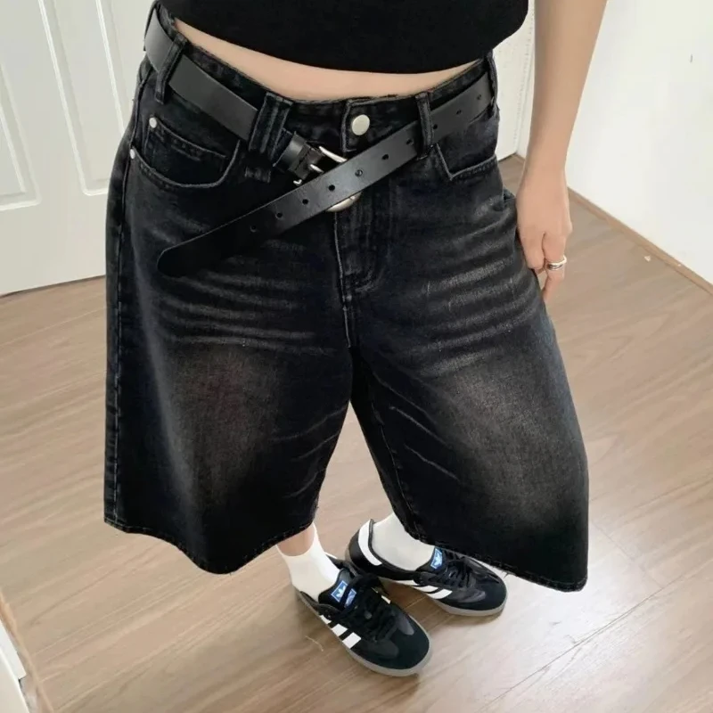 

2024 Y2k Retro Women Low Rise Jorts Brushed Black Wash Cropped Baggy Jeans Wide Leg Frayed Denim Short Pants Acubi Fashion