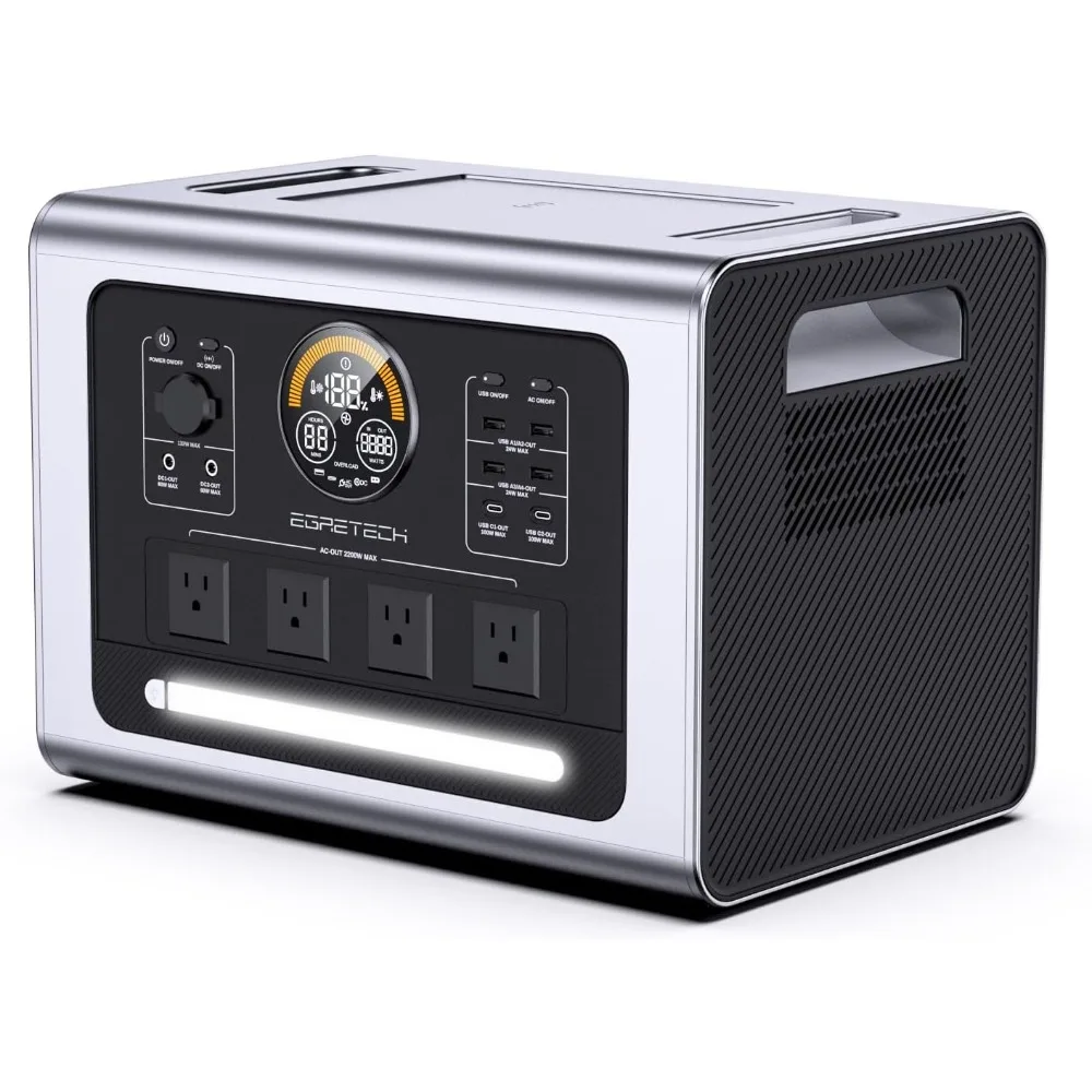 Portable Solar Generator, 2200Wh Backup Battery with 4 x AC Outlets 2200W (3300W Peak), Fully Charge in 1.67Hrs for Emergency