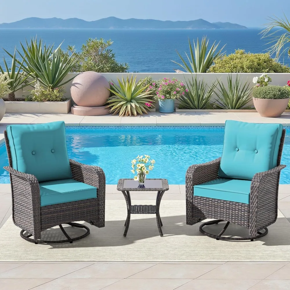 

Набор вращающихся кресел-качалок для улицы из 2 предметов с толстыми подушками толщиной 4 дюйма и высокой спинкой, плетеные стулья для патио с боковым столиком для патио, крыльца, P