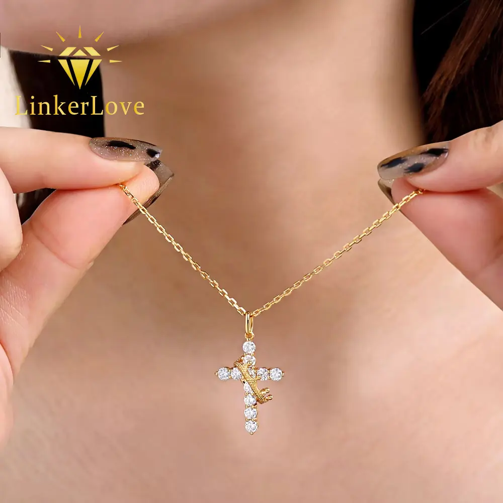 LinkerLove Moissanite Diamond Cross Rotatable Crown Pendant Necklace S925 Sterling Silver Religious Faith Jewelry Gift for Women