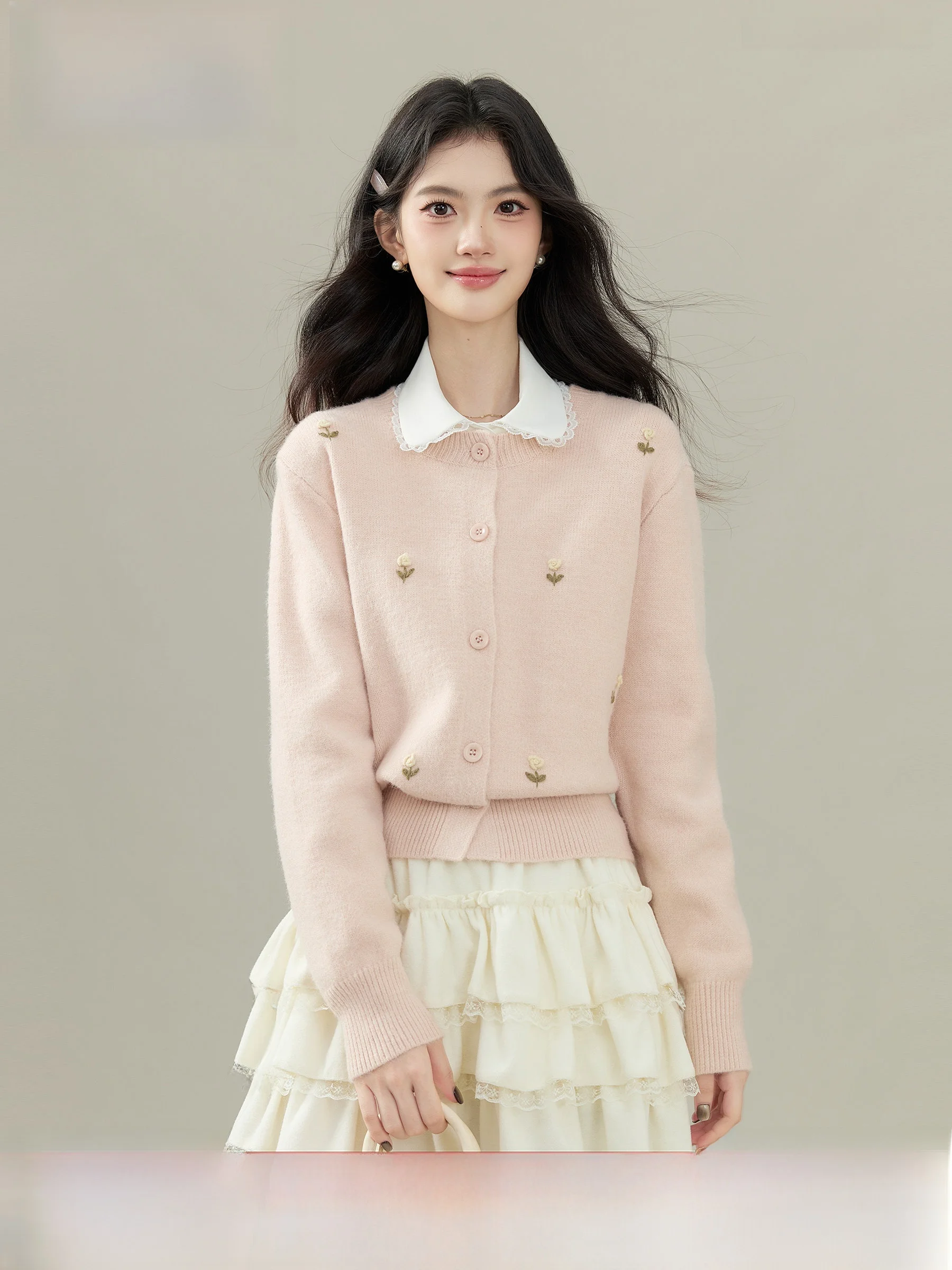 

Pink Cherry Knitted Open Cardigan Women's Faion Sweet Sle Long Sve Sweater Jaet Foldable Doll Collar Home Wear