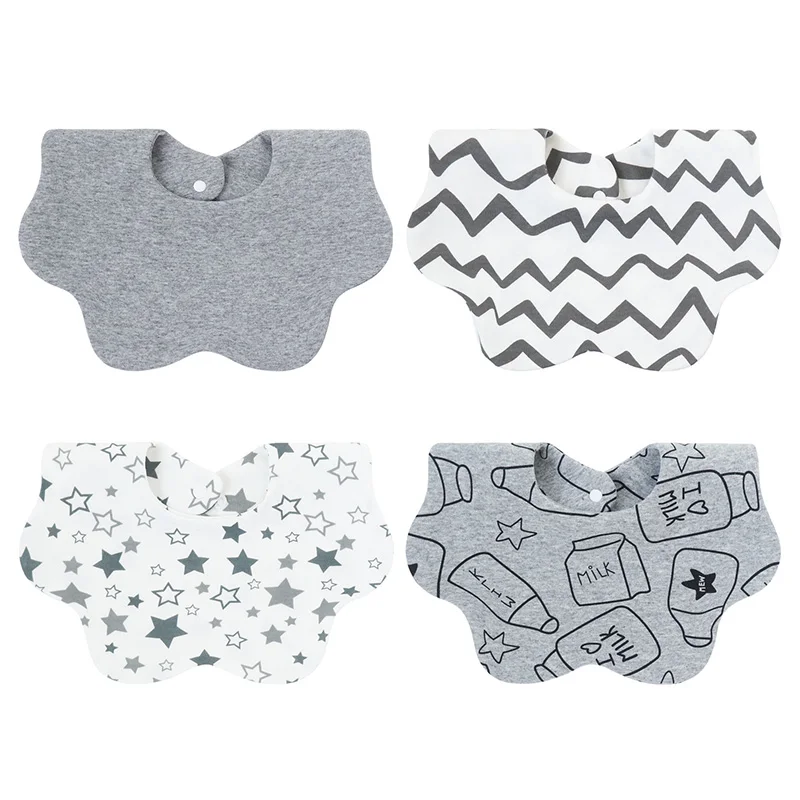 Double Layer Baby Bibs Set Cartoon Printed Saliva Towel Flower Shape Bib Absorbent Cloth Infant Feeding Care Accessories 4PCS
