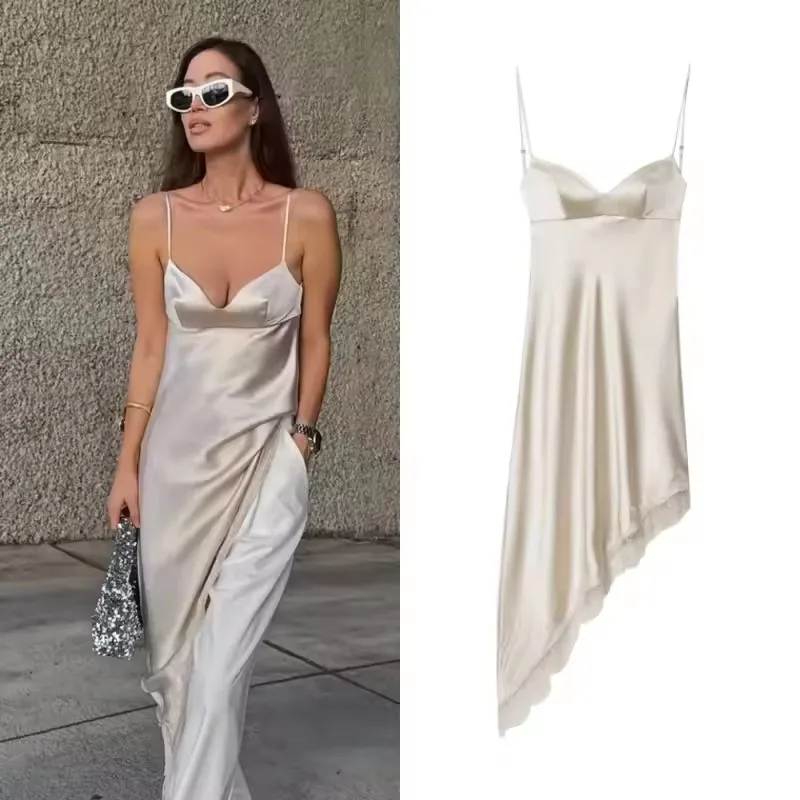 Satin Unregelmäßige Spitze Saum Backless Sexy Kleid Frauen Elegante Slip V-ausschnitt Bandage Weißes Kleid Weibliche Party Kleid Kleid 2023 Neue