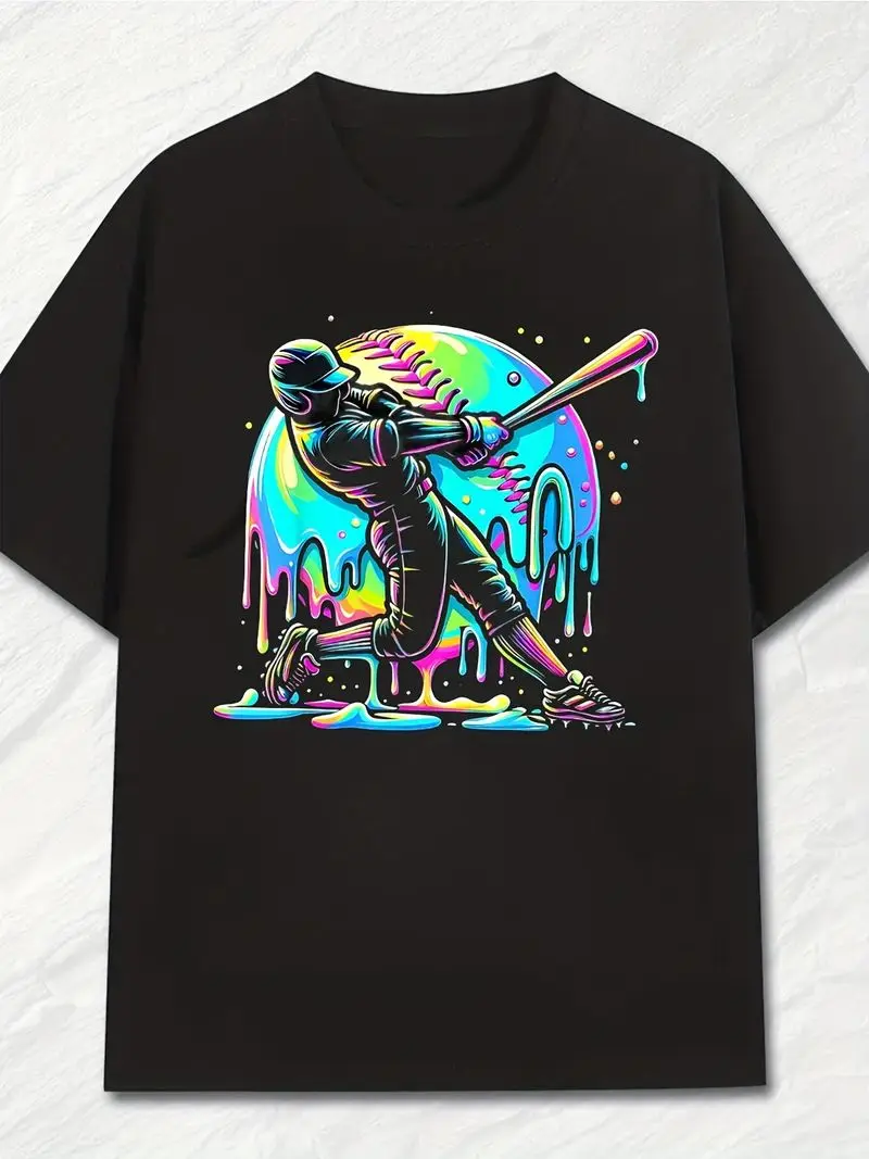 Men's Summer Casual Loose-Fitting Baseball Player T-Shirt Dripping Paint Graphic Bat Swing Design Breathable Round Neck Tee Gift