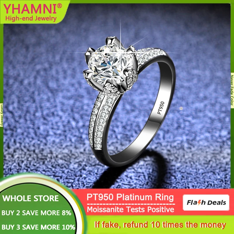 

YHAMNI PT950 Platinum Rings GRA Certified 1 Carat Moissanite Diamond Ring Engagement Promise Wedding Band Jewelry for Women