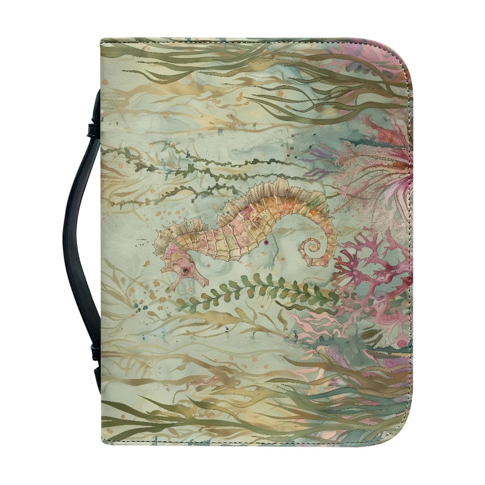 PENSTROLL Pink Seahorse Sea Plants Portable Bible Cover for Church PU Leather Bible Cover Case New Design