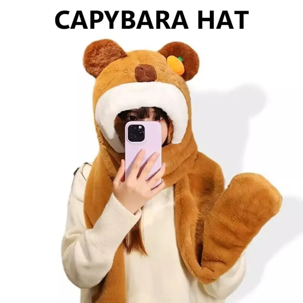 Cute 3in 1 Hat Scarf Gloves Set Plush Thickened Capybara Beanie Cap Winter Warm Ear Protection Cartoon Neck Hat