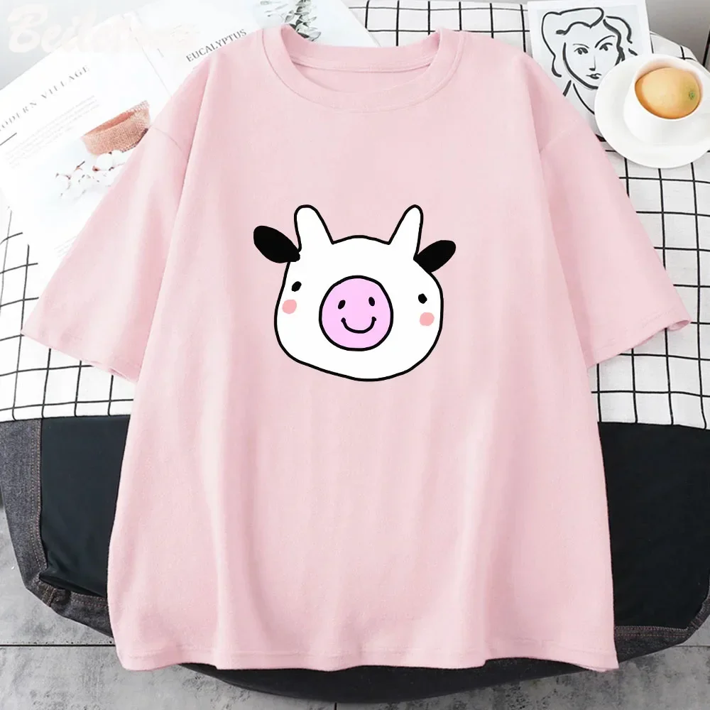 

Friendly Little Cow Tshirt Summer Clothes Funny Casual Clothe Kawaii Woman Pink Shirt Streetwear Short Sleeved Clothing Tee Tops