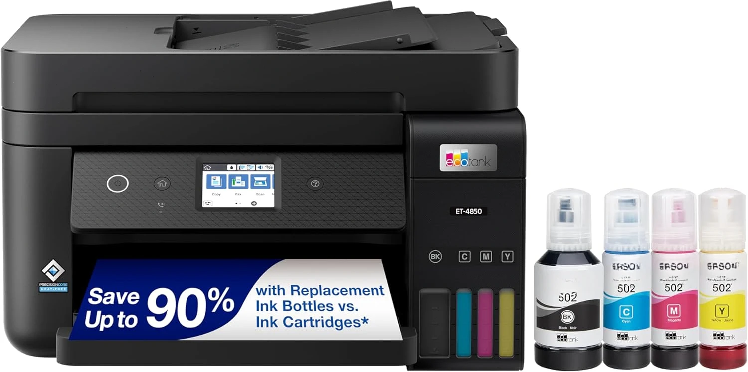 EcoTank ET-4850 Wireless All-in-One Cartridge-Free Supertank Printer with Scanner, Copier, Fax, ADF and Ethernet