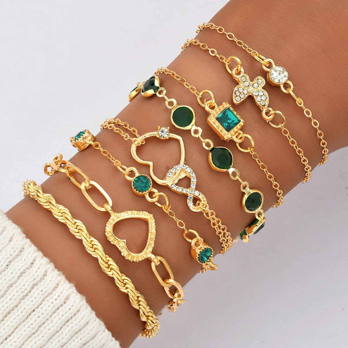 5 قطع خمر القلب الأخضر كريستال سوار مجموعة للنساء أزياء جميلة فراشة حجر الراين إنفينيتي هندسية أساور مجوهرات