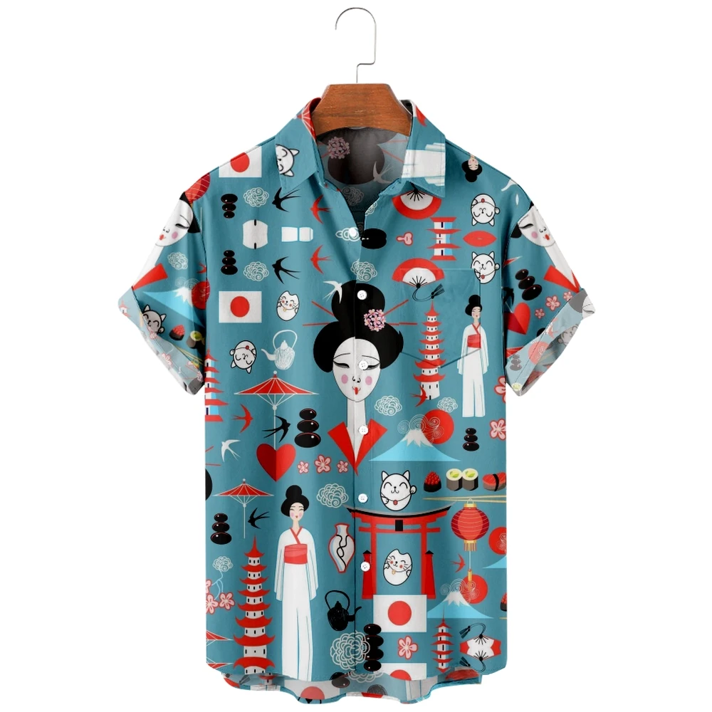 

2022 new men's casual breathable short sleeve top fashion Lapel men's shirt Hawaii with beach Geisha