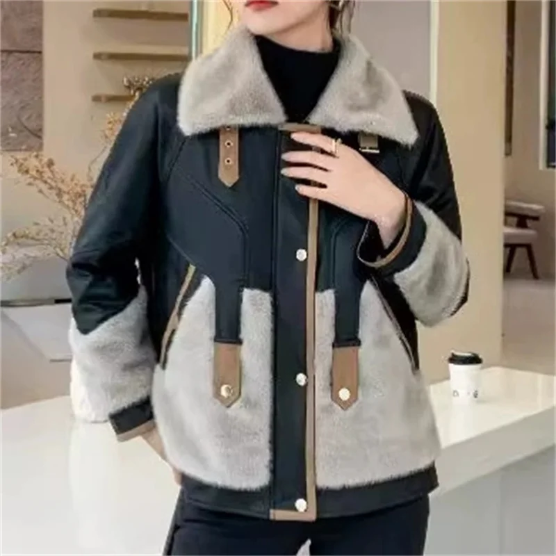 Fashion Faux Mink Fur Spliced Leather Jacket Women's Short Cotton-padded Coat Autumn Winter Thicken Warm Loose Outerwear Female