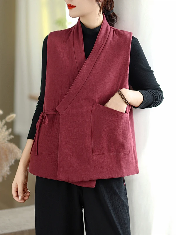 

Ретро-жилет в китайском стиле из хлопка и льна для женщин, повседневная верхняя одежда в стиле Old Money, открытый кардиган с V-образным вырезом, однотонный, утепленный