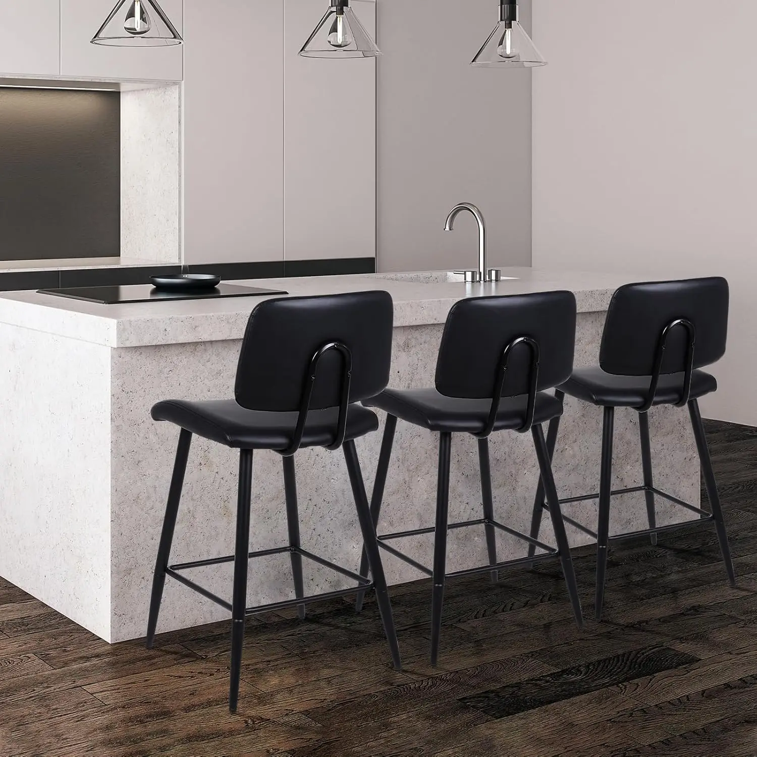 

Набор из 3 барных стульев для кухонного острова, 26 дюймов, современные, из искусственной кожи, с спинкой и металлическими ножками, на заказ