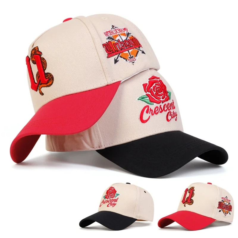 Unisex Rose 3D Embroidered Baseball Cap, Snake Letter Graphic Adjustable Curved Brim Street Hat for Men Women
