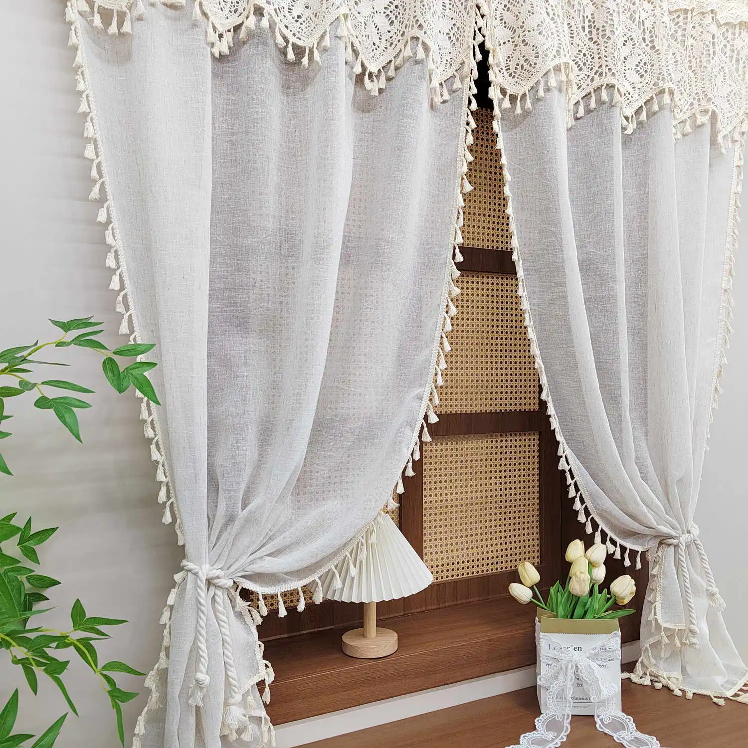 

Bohemian-Style Beige Linen Curtains,With Valance And Tassels Sheer Voile For Living Rooms,Bedrooms,Soft-Toned Home Window Drapes