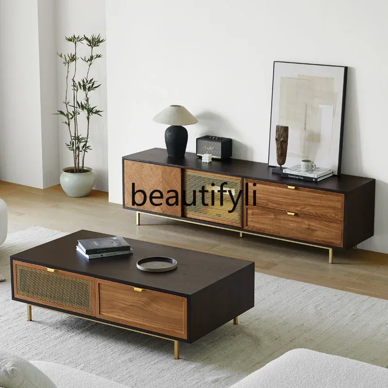 

SS ss7486 Nordic retro TV cabinet combination modern simple light luxury living room small apartment walnut color medieval TV ca