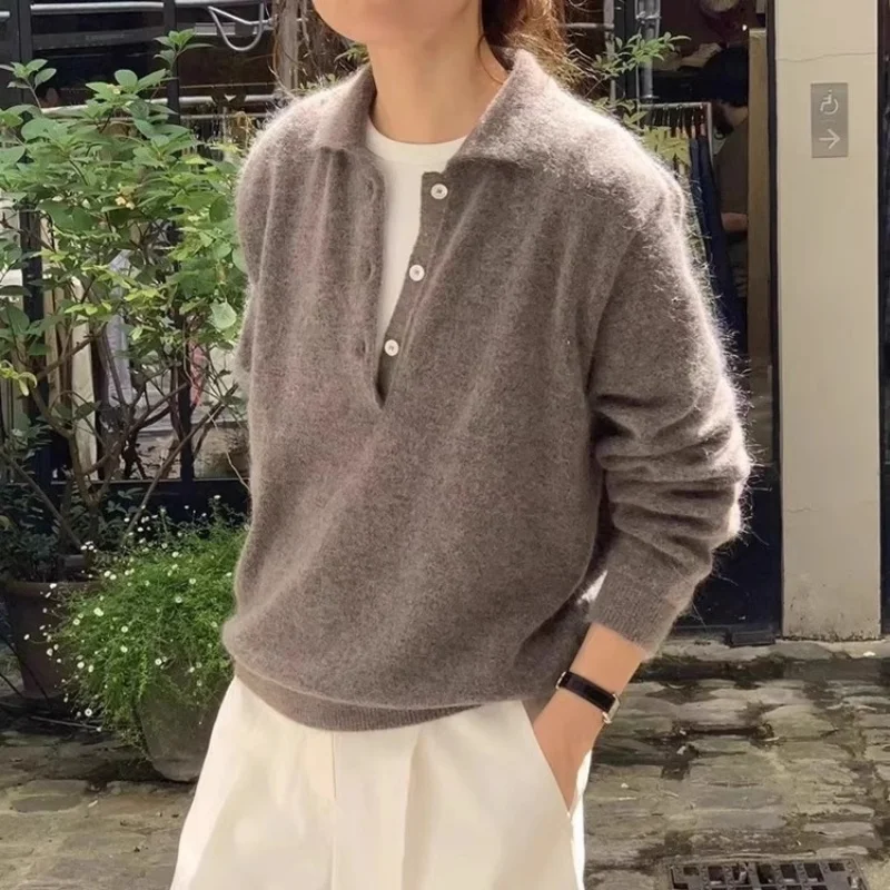 Nuovo 2025 Pullover con colletto da donna Maglione di lana 100% per l'autunno e l'inverno Maglione di lana da donna corto versatile lavorato a maglia Solido