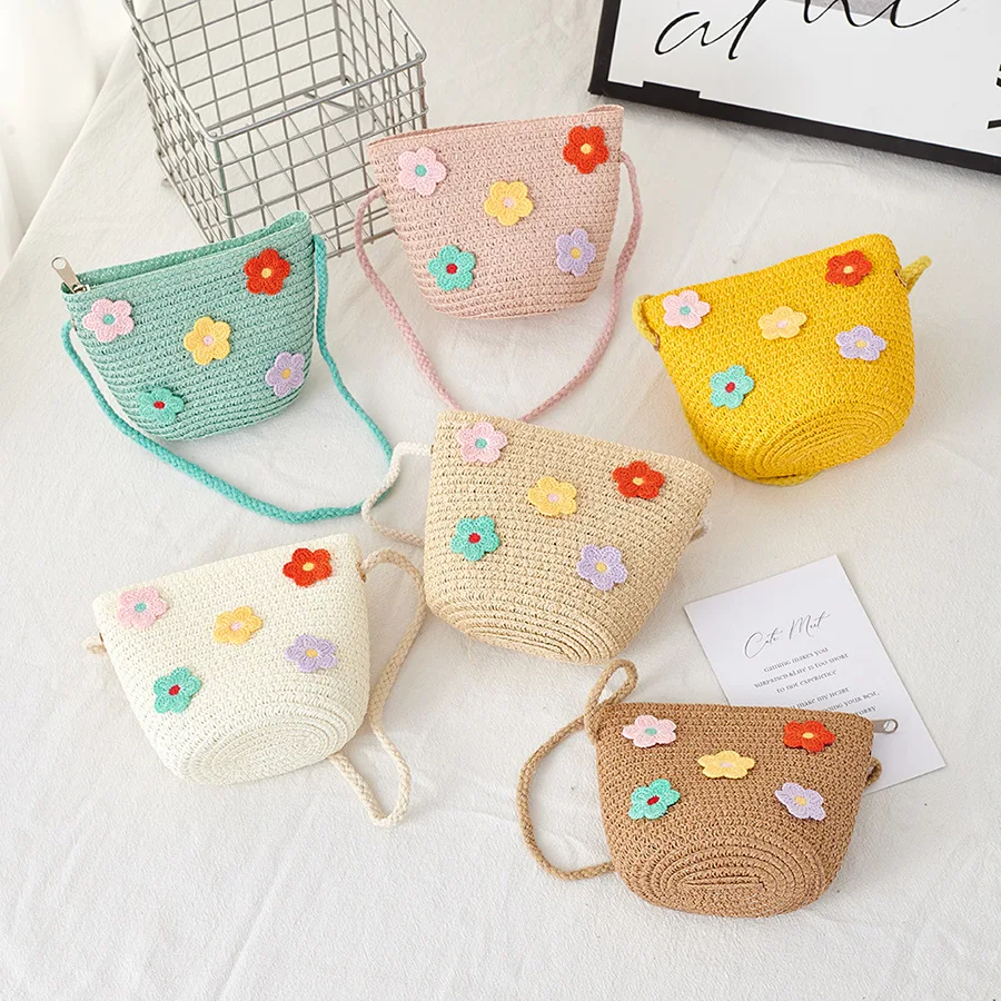 Children's Straw Crossbody Bag Lovely Girls Small Coin Purse Princess Wallet Handbags Baby Kids Mini Summer Shoulder Bags