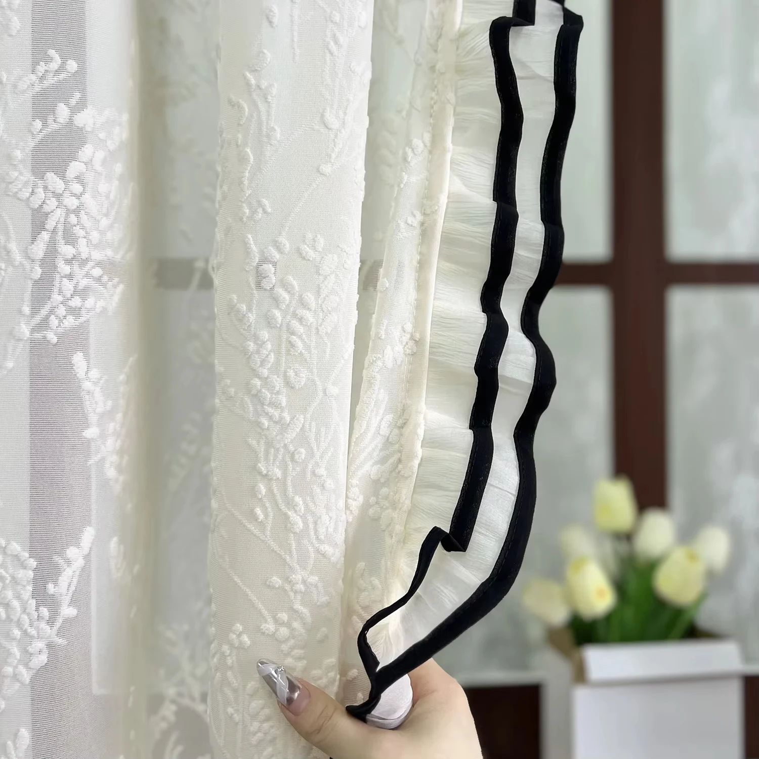 Cream Style Velvet Pole Twig Pattern with Black Ruffled Lace Trim Unique Design Opaque Tulle Curtains For Bedroom Living Room
