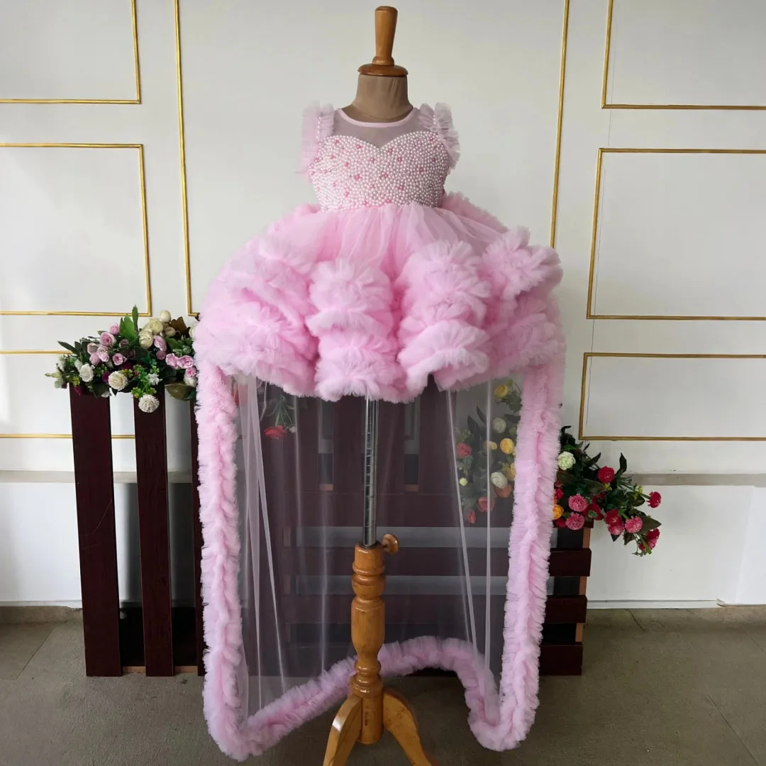 Customized Flower Girl Dress Pink Tulle Tiered Pearls With Bow And Trailing For Wedding Birthday Prom Party Banquet Evening Gown