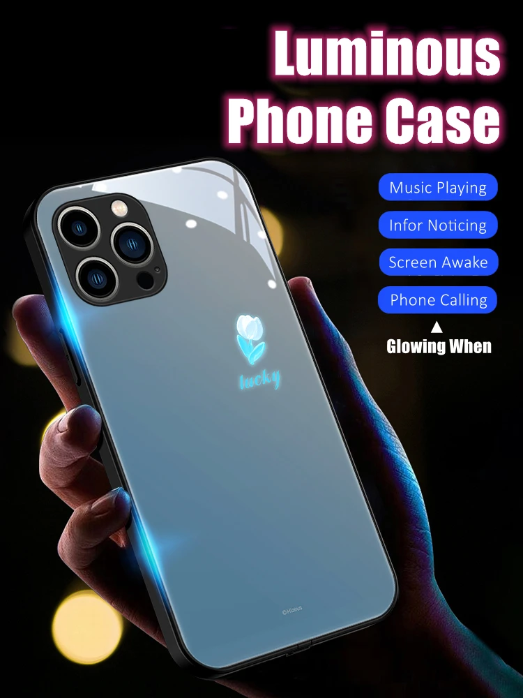 

Tulip LED Light Glowing Luminous Tempered Glass Back TPU Border Phone Case for iPhone 15 14 13 12 11 X Xs Xr Mini Pro Max Plus