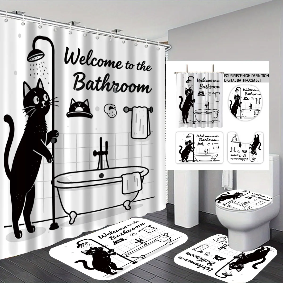 

4PCS Cartoon Black Cat Slogan Bathroom Set Curtain ToiletCover U-Shaped Rug Floor Mat