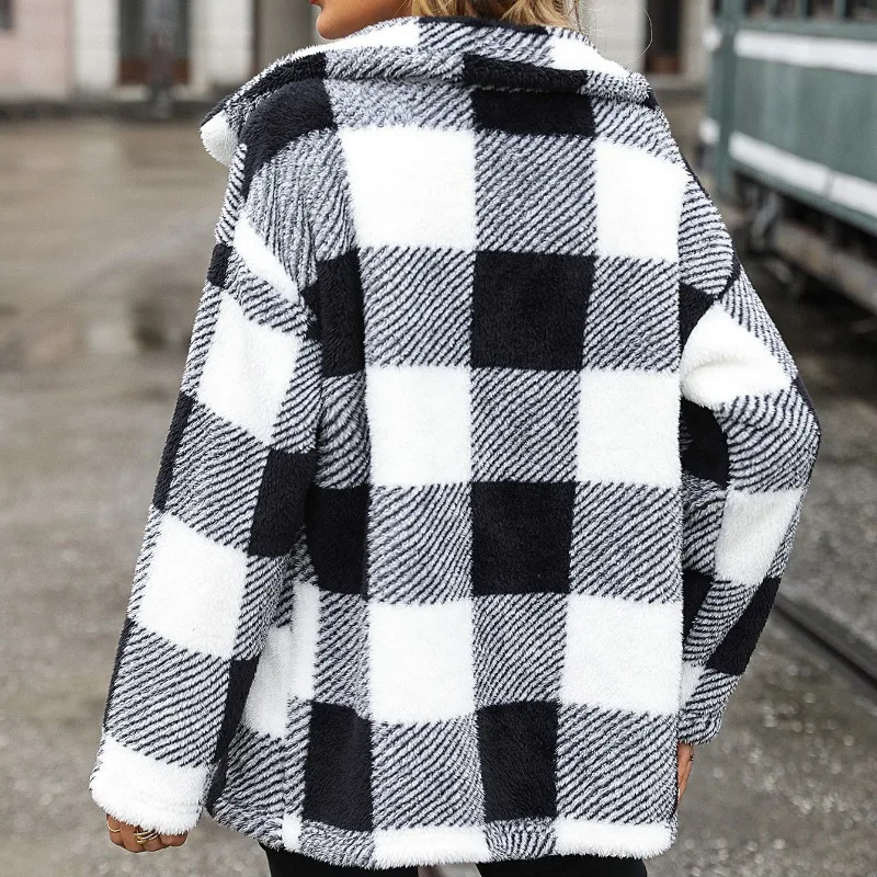 Abbigliamento donna autunno inverno donna risvolto manica lunga medio lungo plaid monopetto giacca casual in velluto a doppia faccia
