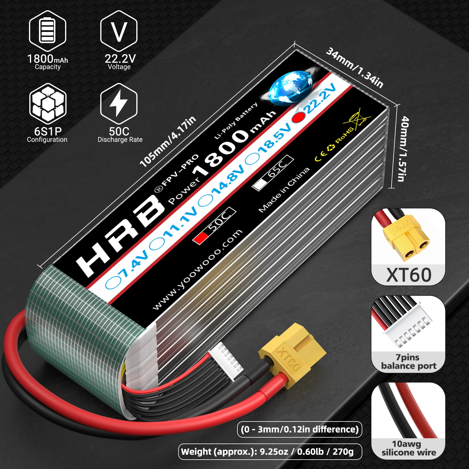 HRB 6S 22.2v 1800mAh Lipo Battery 50C With XT60 Connector RC Lipo For 380L Airplane Helicopter Drones RC Car RC Boat