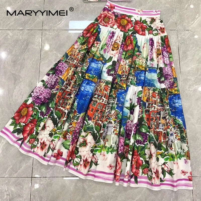 MARYYIMEI Elegant Vacation Floral Women\'s Summer Fashion Print Design Slim Cotton Pleated Skirt