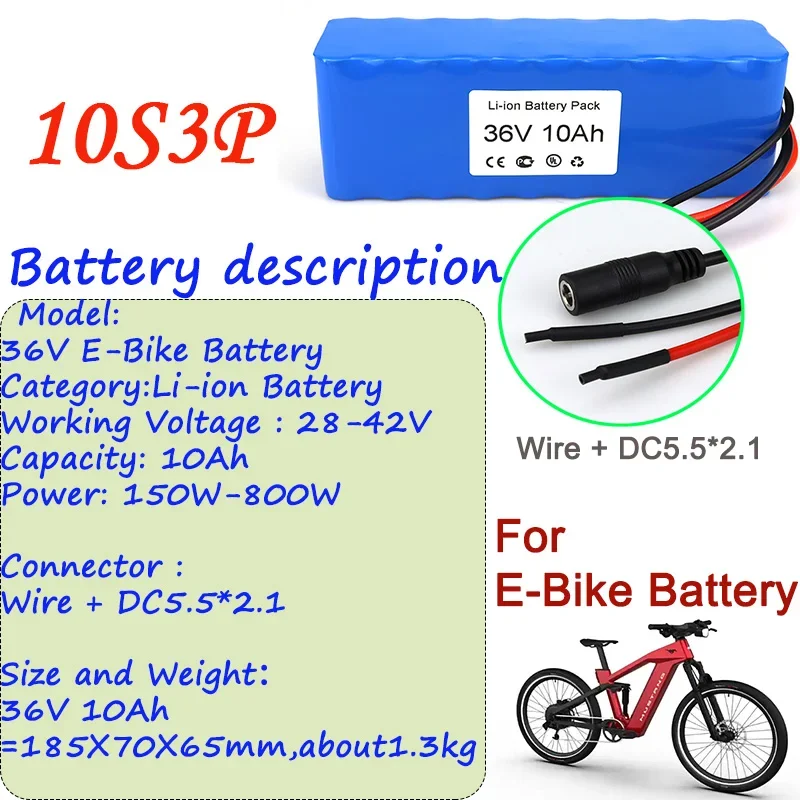 100% New Original 36V Ebike Li-ion Battery 10Ah Wire + DC5.5*2.1 Connector And BMS For Ebike Battery Pack