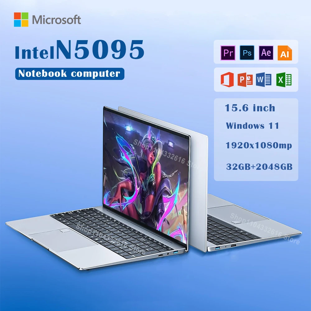 NEW Intel Celeron N5095 15.6 Inch Windows 11 Ram 16GB 32GB RAM Fingerprint Unlock IPS Business Ultrathin Gaming Laptop