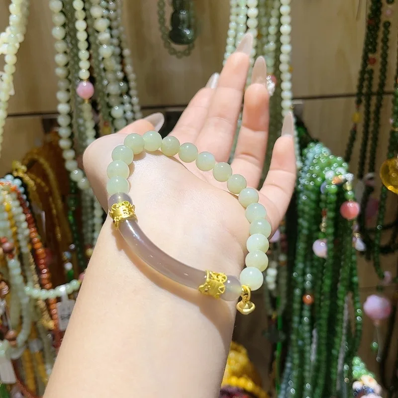 

Natural Hetian Jade Plus Agate Half Bracelet Bracelet Boutique Versatile Women's Bracelet