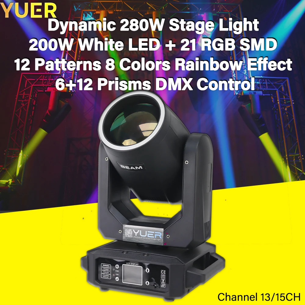 

280W Moving Head Stage Light 200W White LED + 21 RGB SMD 5050, 12 Patterns, 8 Colors, Rainbow Effect, DMX Control for DJ Club