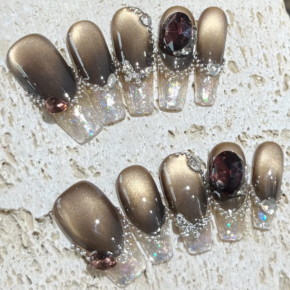 10 pçs olhos de gato artesanal longo caixão elipse imprensa francesa em unhas 3d glitter strass flores pérola gradientes cobertura completa prego