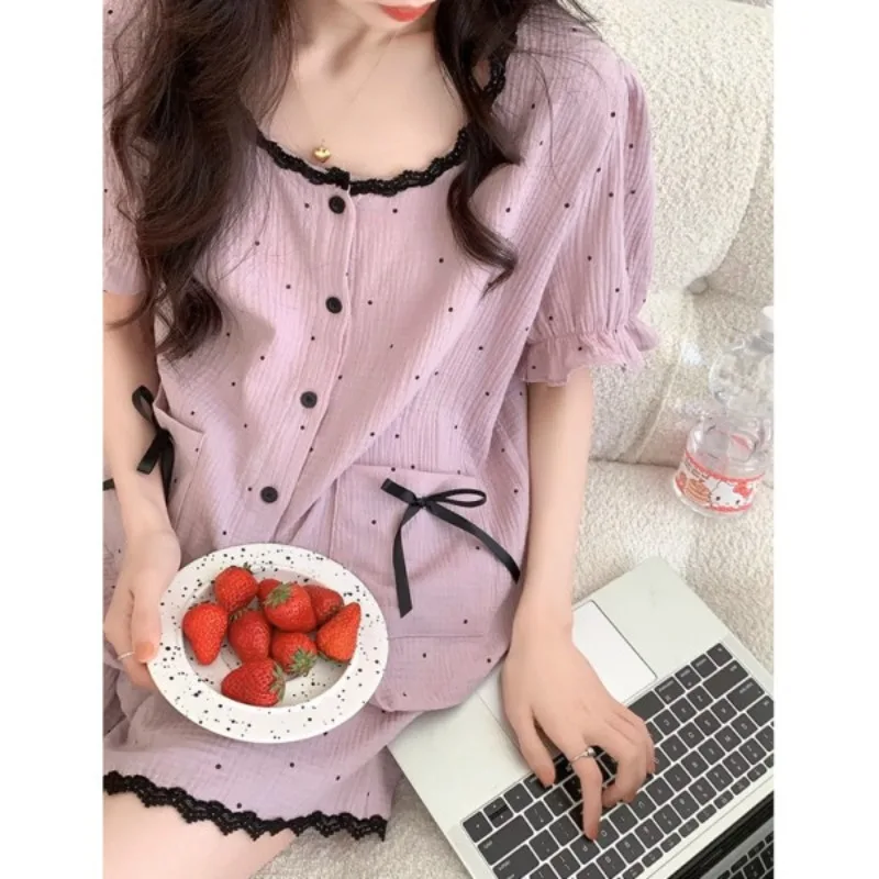 Women Summer Pajama Set Lace Trim Short Sleeve Shorts Two-Piece Set Student Plus Size Loose Girl Homewear Lady Loungewear Casual