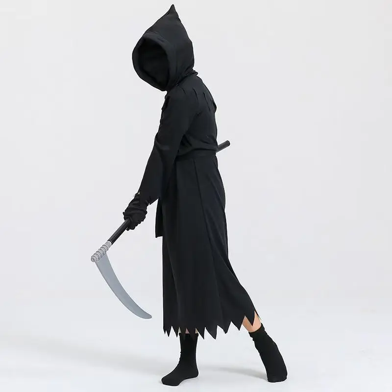 Grim Reaper Costume Cosplay Tuta Occhi rossi Bagliore Prop Falce Abito nero Mantello Guanti Vestiti Halloween Spaventoso Carnevale Dress Up