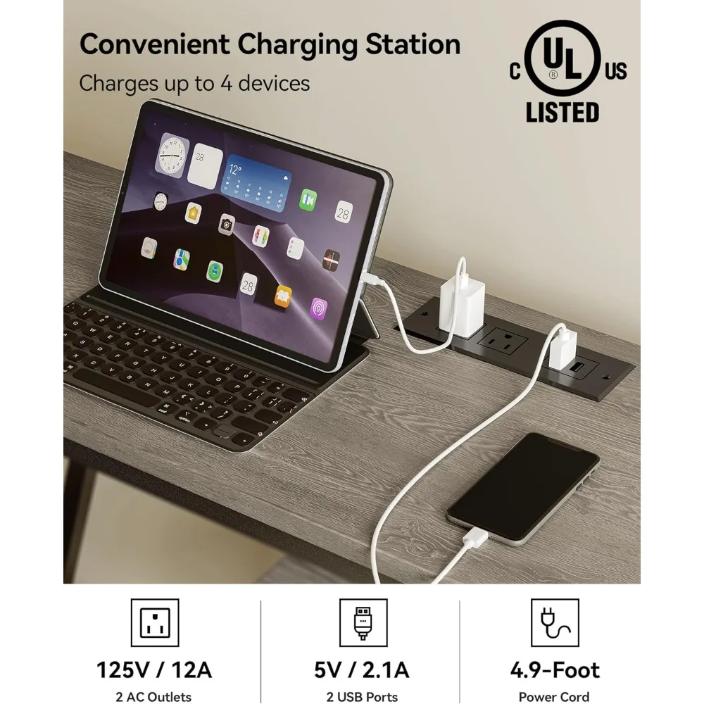 47.2" Narrow Entryway Table with Power Outlets, Industrial 4-Tier Console Table with Storage, Small Sofa Table Behind The Couch