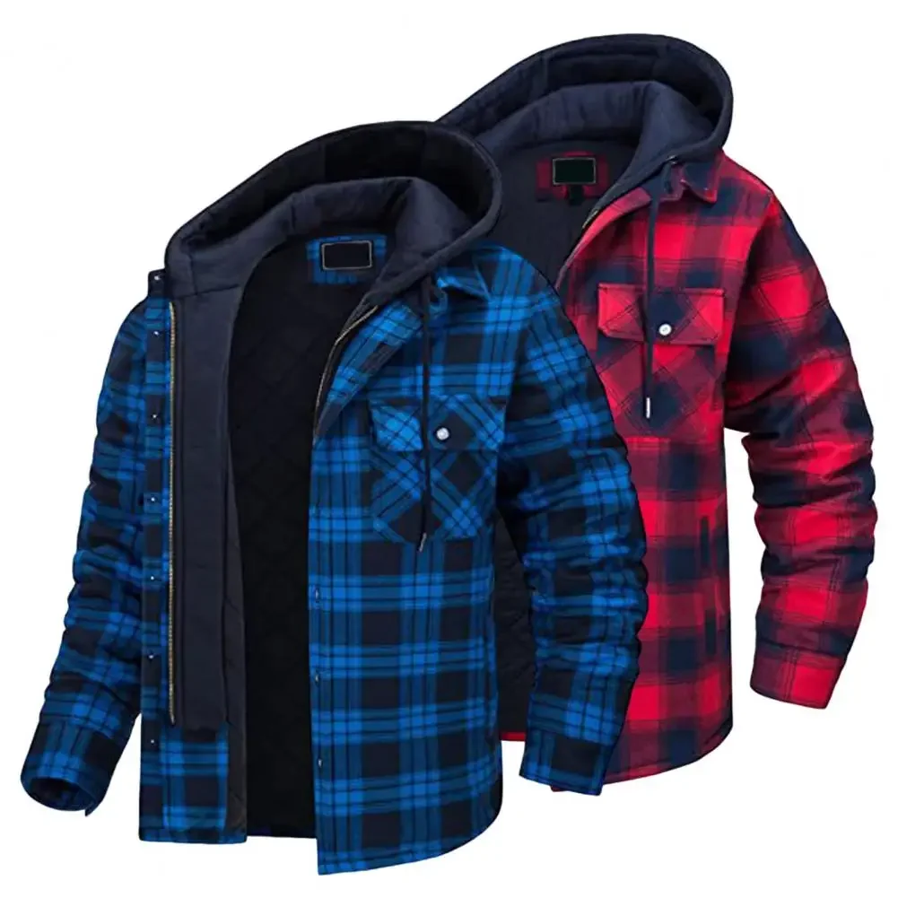 2023 Winter Men's Hooded Jacket Autumn Fashion Men's Thickened Hooded Cotton Windproof Jacket Plaid Shirt Casual Jacket Travel