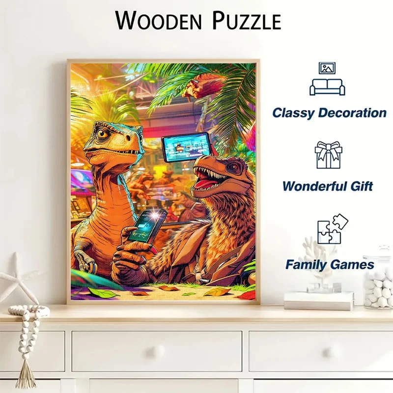 1000pcs quebra-cabeça retro-futurista Dino Gamer |   Quebra-cabeça de papelão de 27,55 × 19,69 polegadas, diversão para aliviar o estresse para adultos e família, ideal