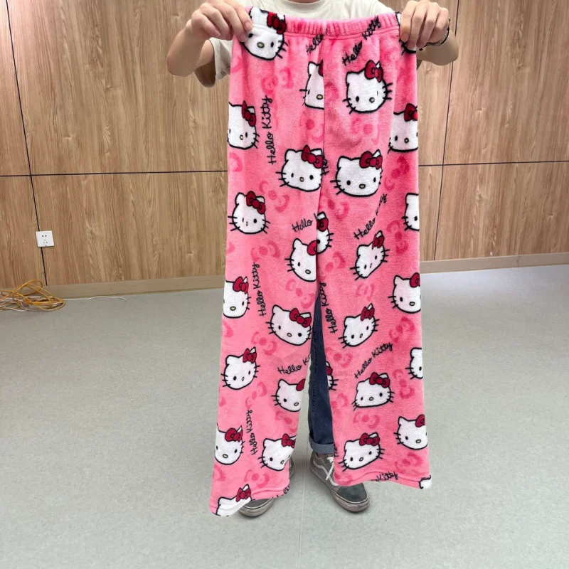 Sanrio Anime Halloween Hello Kitty Y2K Flannel Pajamas Pants Home Pants Warmth Graffiti Casual Pants Cartoon Girl Christmas Gift