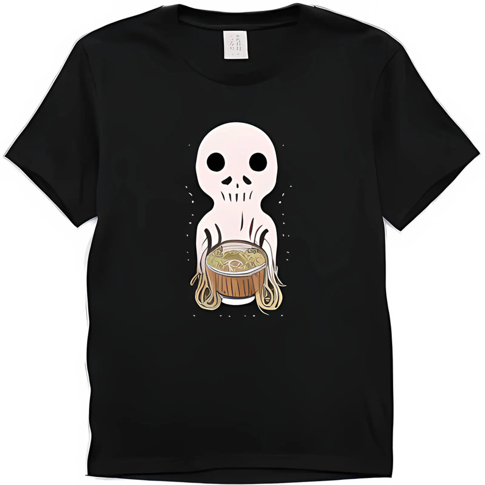 Unique Black T-Shirt: Cute Cartoon Skeleton Drummer with Ramen Bowl Graphic Fun